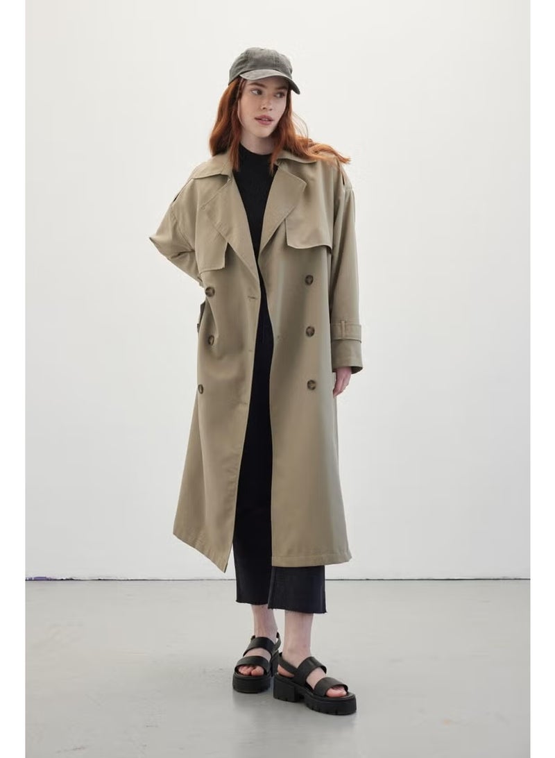 Manuka Buttoned Double Breasted Trench Coat Sand - Image 4